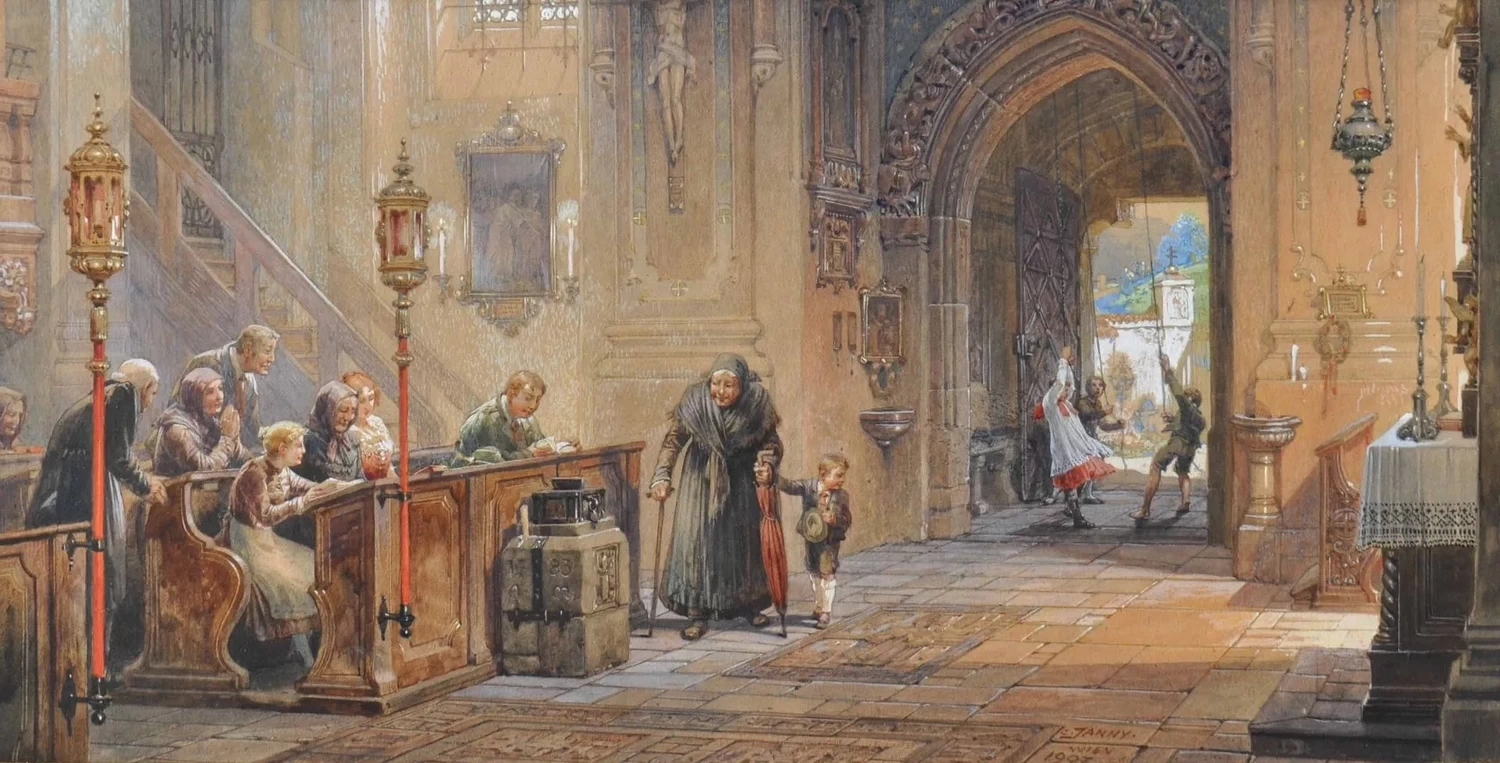Interno della chiesa con fedeli e chierichetti, 1907